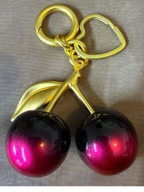 Gold-Tone Cherry Keychain/Bag Charm - Pink Black Cherries